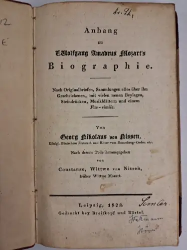 Buch: Anhang zu Wolfgang Amadeus Mozart's Biographie, Nissen, Georg N., 1828