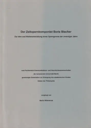 Buch: Der Zeitopernkomponist Boris Blacher, Martin Willenbrink, 1994
