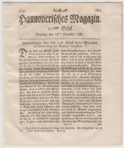 Hannoverisches Magazin 101tes Stück 1767, J. F. Bolten, gebraucht, sehr gut