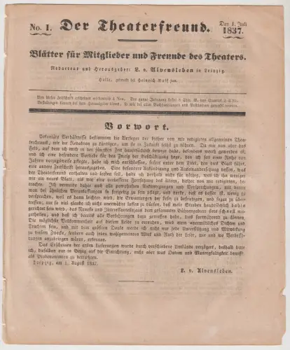 Der Theaterfreund No. 1 / 1837, L. v. Alvensleben, Heinrich Franke Verlag