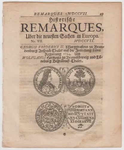 Historische Remarques, Über die neuesten Sachen in Europa No. VII / 1707