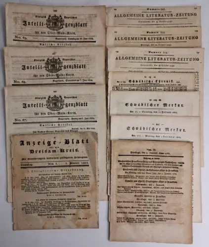 Konvolut Zeitungen: Intelligenzblatt, Schwäbischer Merkur, Allgemeine Literatur