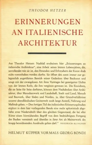 Buch: Erinnerungen an italienische Architektur, Hetzer, Theodor. 1951