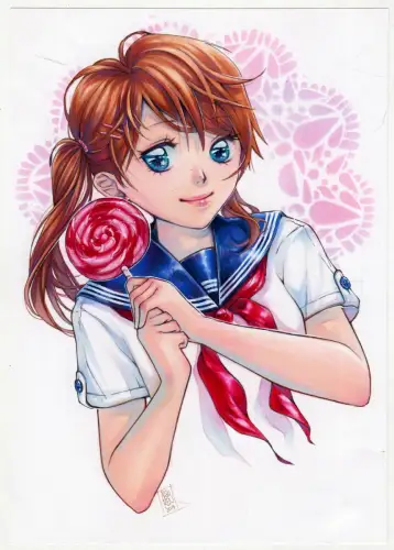 Shikishi Illustration: Manga School Girl with lollipop - Nao Ren, Claudia Walter
