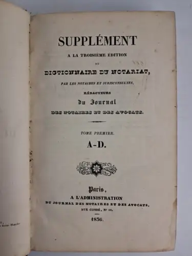 Buch: Supplement a la troisieme edition du Dictionnaire du notariat 1+2, 1836/37