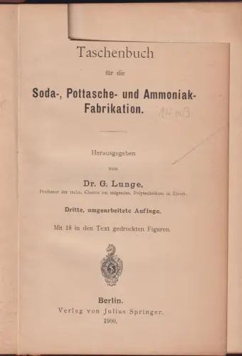 Buch: Taschenbuch für Soda-, Pottasche- und Ammoniak-Fabrikation, Lunge, G. 1900