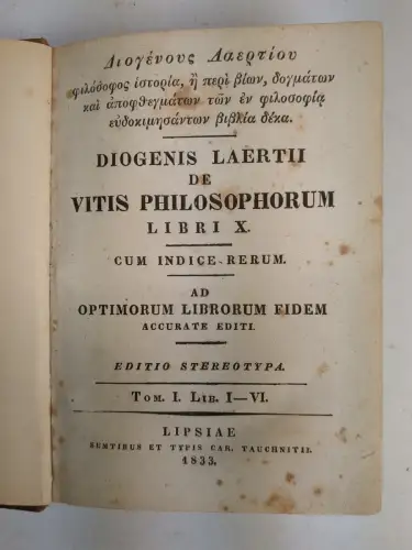 Buch: Diogenis Laertii de Vitis Philosophorum Libri X, Laertios, 1833, Tauchnitz