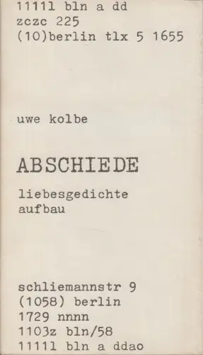 Buch: Abschiede und andere Liebesgedichte. Kolbe, Uwe, 1985, Aufbau Verlag