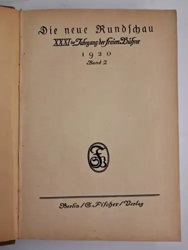 Buch: Die neue Rundschau 1920 Band 1+2, XXXI. Jahrgang der freien Bühne, Fischer