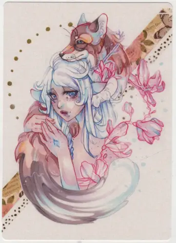 Postkarte: Manga Art Weißer Lotus Mädchen mit Fuchs, Withy, Vanessa Mertens