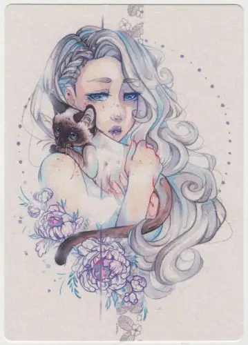 Postkarte: Manga Art Weißer Lotus Mädchen mit Katze, Withy, Vanessa Mertens