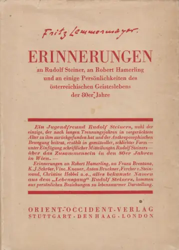 Buch: Erinnerungen, Fritz Lemmermayer, 1929, Orient-Occident-Verlag