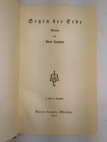 Buch: Segen der Erde, Roman. Hamsun, Knut. 1927, Langen Müller Verlag