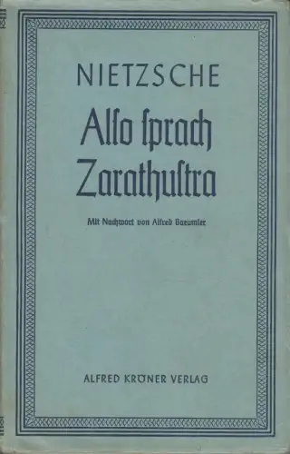 Buch: Also sprach Zarathustra, Nietzsche, Friedrich 1939, Alfred Kröner Verlag