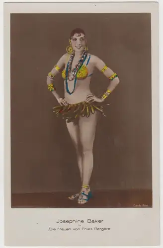 Josephine Baker. Frauen von Folies Bergere. Autogrammkarte koloriert. Unsigniert