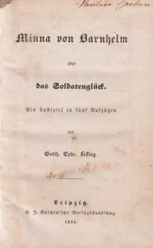 Buch: Minna von Barnhelm, G. E. Lessing, 1844, Göschen'sche Verlagshandlung