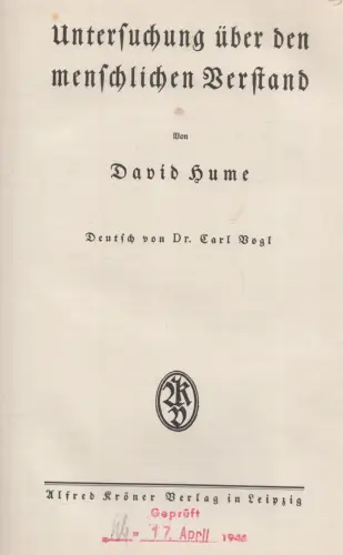 Buch: Untersuchung über den menschlichen Verstand, Hume, David, Alfred Kröner