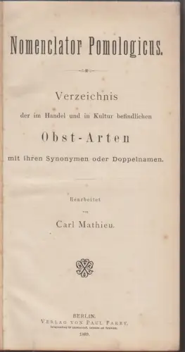 Buch: Nomenclator Pomologicus, Mathieu, Carl, 1889, Paul Parex, guter Zustand