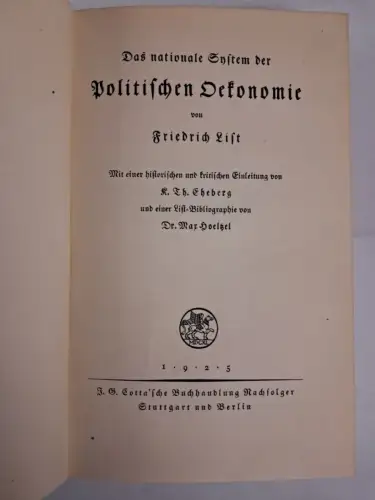 Buch: Das nationale System der Politischen Ökonomie, Friedrich List, 1925, Cotta