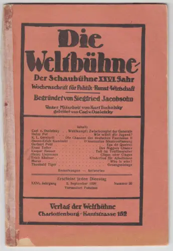 Die neue Weltbühne Nr. 36 / 1930, Wochenschrift für Politik, Kunst, Wirtschaft
