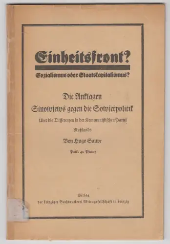 Buch: Einheitsfront? Sozialismus oder Staatskapitalismus?, Hugo Saupe, 1926