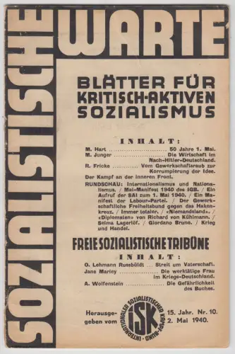 Sozialistische Warte Nr. 10 / 1940, Blätter für kritisch-aktiven Sozialismus