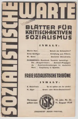 Sozialistische Warte Nr. 32 / 1939, Blätter für kritisch-aktiven Sozialismus