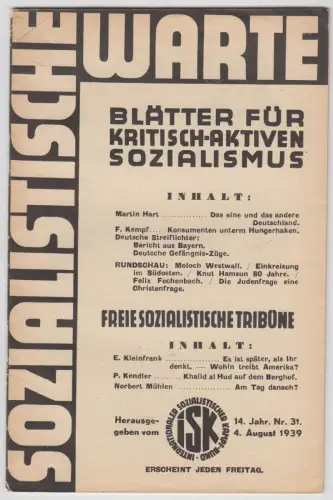 Sozialistische Warte Nr. 31 / 1939, Blätter für kritisch-aktiven Sozialismus
