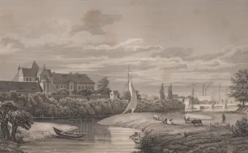 Grafik: Nienburg an der Saale, F. Foltz, J. Pozzi, um 1850, Stahlstich. G. Lange