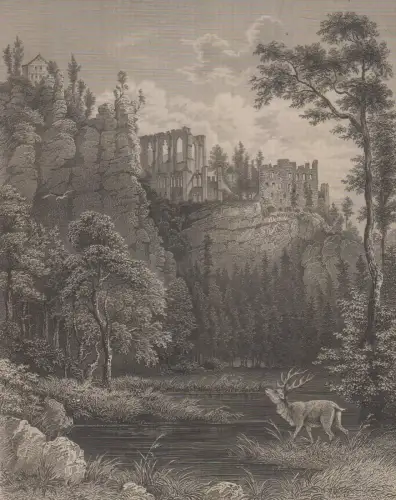 Grafik: Ruine von Oybin, G. Heisinger, L. Rohbock, um 1850, Stahlstich, G. Lange
