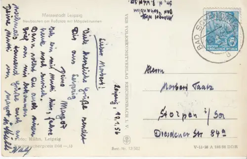 AK Messestadt Leipzig. Neubauten am Roßplatz mit Mägdebrunnen, 1956, Postkarte