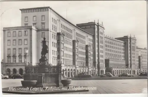 AK Messestadt Leipzig. Roßplatz mit Mägdebrunnen, 1959, Graphokopie H. Sander
