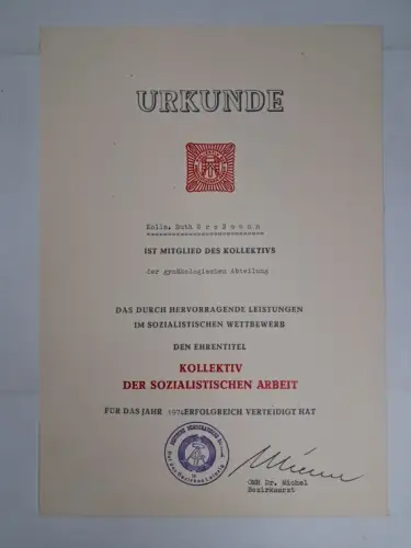 Mappe mit 3 Urkunden für Ruth Großmann 1973/74, Kollektiv der Sozialist. Arbeit
