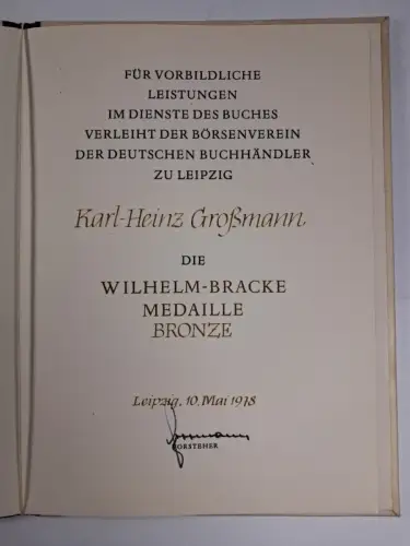 Mappe mit 1 Urkunde zur Wilhelm-Bracke-Medaille, 1978, Börsenverein Leipzig, DDR
