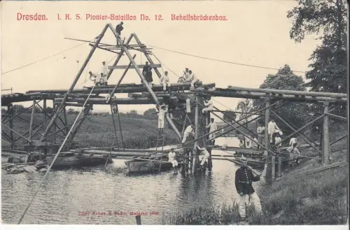 AK Dresden 1. K. S. Pionier-Bataillon No. 12 Behelsbrückenbau, 1906, Postkarte
