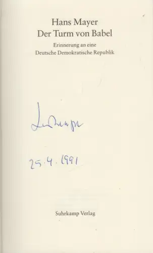 Buch: Der Turm von Babel, Hans Mayer, 1991, Suhrkamp Verlag, signiert