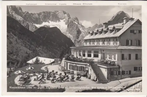AK Kreuzeckhaus gegen Zugspitze, Hölltentalgletscher, Waxenstein, Schwarzenkopf