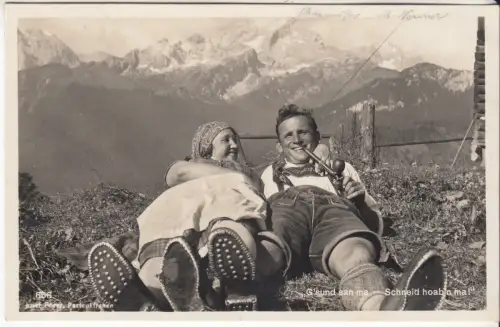 AK G'sund san ma...Pfeife Berge Frau Mann Trachten, ca. 1934, Joseph Porer