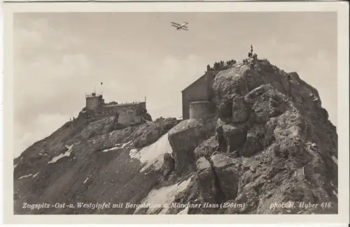 AK Zugspitz -Ost und Westgipfel mit Bergstation und Münchner Haus, ca. 1933