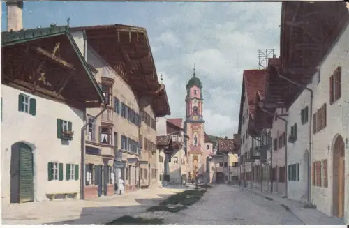 AK Mittenwald. Obermarkt mit Blick auf der Kirche, ca. 1933, Novitas-Verlag