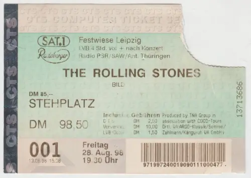 Ticket: The Rolling Stones Ticket 001, 28. August 1998, Festwiese Leipzig