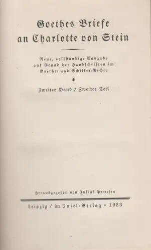 Buch: Goethes Briefe an Charlotte von Stein. Band 2, Teil 2, 1923, Insel Verlag