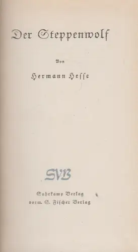 Buch: Steppenwolf, Hesse, Hermann, 1947, Suhrkamp Verlag, gebraucht: gut