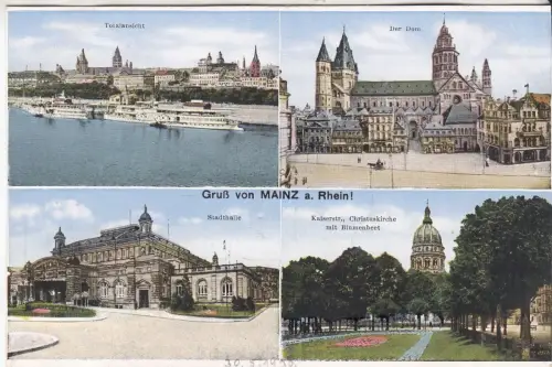 AK Gruß von Mainz a. Rhein - Totalansicht, Der Dom, Stadthalle, Kaiserstr., 1930