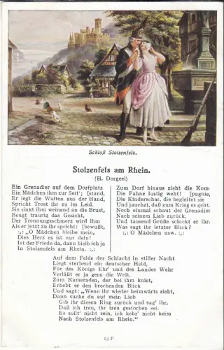 AK Schloß Stolzenfels - Grenadier auf dem Dorfplatz mit Mädchen, Liedkarte, 1930