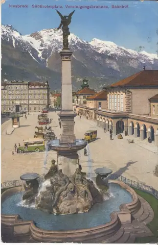 AK Innsbruck Südtirolerplatz, Vereinigungsbrunnen, Bahnhof, ca. 1930, Postkarte