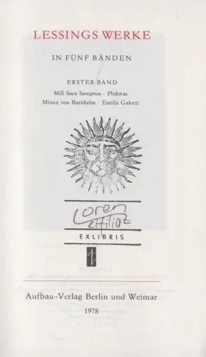 Buch: Gotthold Ephraim Lessings Werke in fünf Bänden, 1978, BDK, Aufbau, 5 Bände