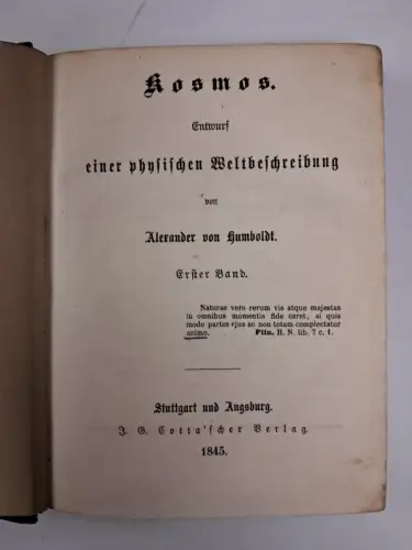 Buch: Kosmos. Alexander von Humboldt, 4 Bände, 1845 ff., J.G. Cotta'scher Verlag