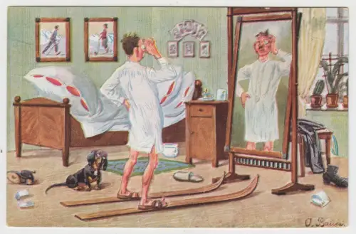 AK Die neuen Skis - Illustrierte Postkarte von O. Braun, Adolf Klauß & Co.