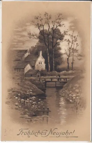 AK Fröhliches Neujahr! Künstlerkarte. Haus am kleinen Fluss mit Brücke, 1915